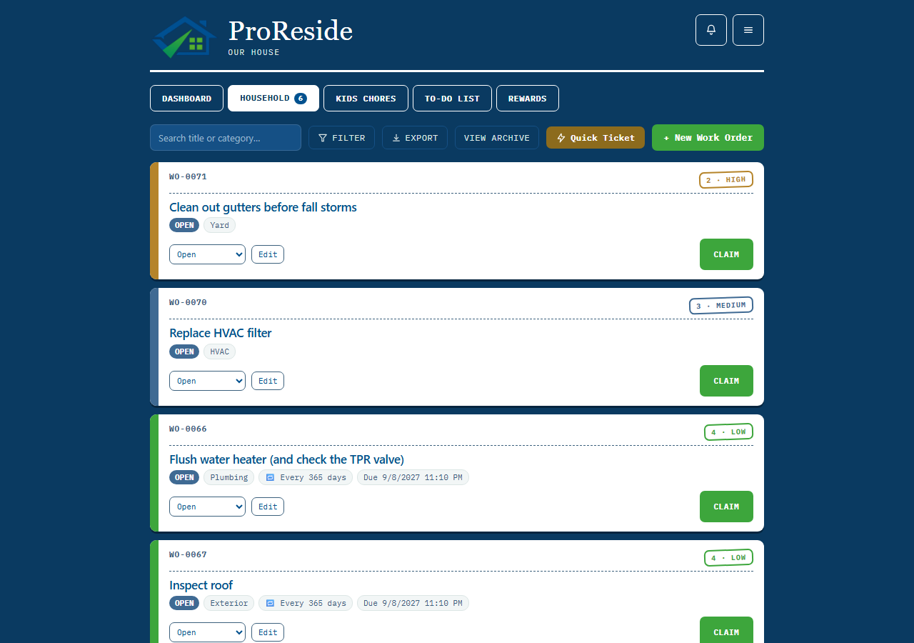ProReside household work-order board showing open repair and maintenance tickets