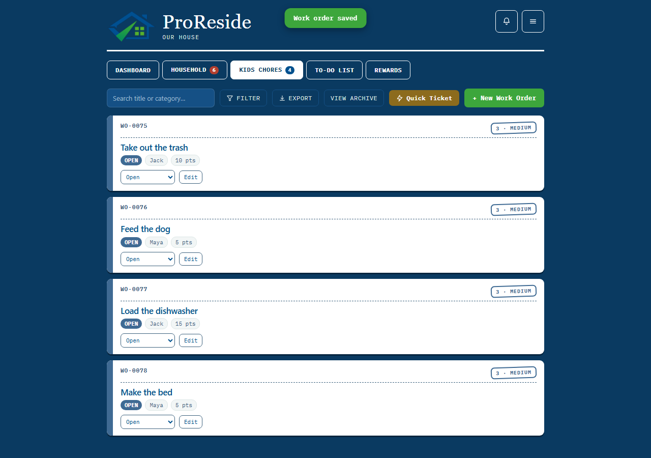 ProReside Kids Chores board showing chores assigned to two kids with point values